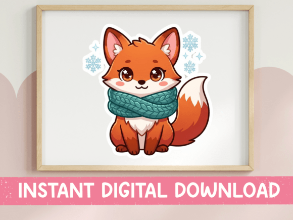 Cute Fox Cozy Scarf Snowflakes Graphics