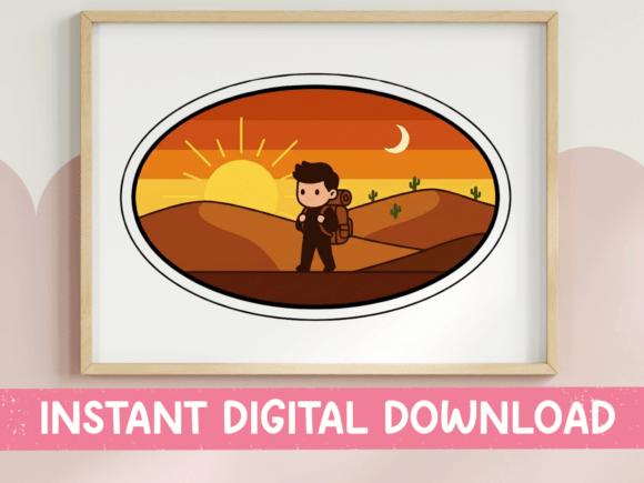 Cute Kawaii Desert Hiker Sunset Badge Graphics