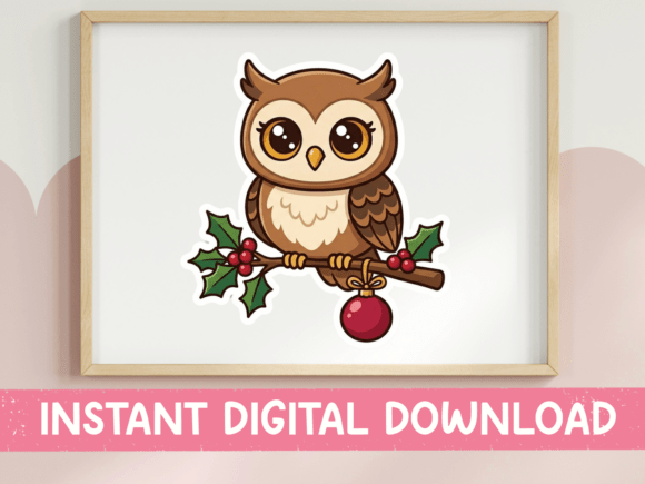 Cute Owl Holly Branch Christmas Graphics
