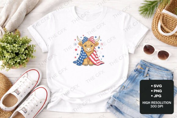 Patriotic Highland Cow 4th July Design Graphics
